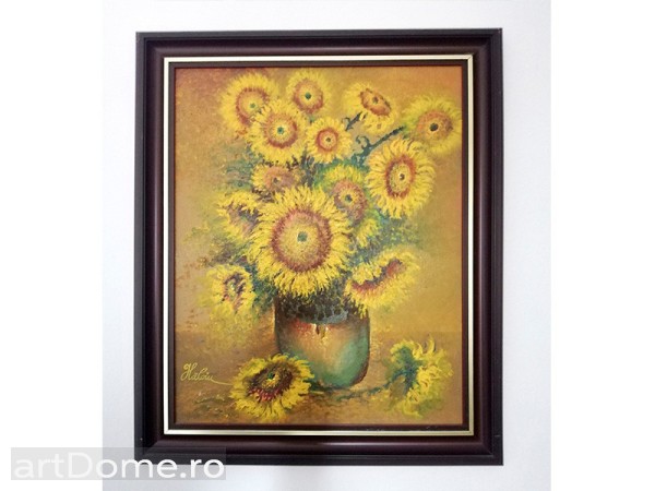 Vaza cu floarea soarelui - semnata Haloiu - rama din lemn