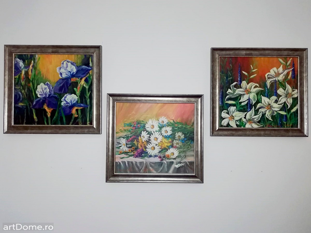 3 tablouri pictate acrilic, crini, margarete, irisi - semnate Barb